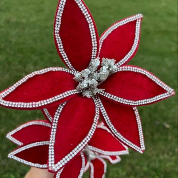 24 inch Triple Velvet with Jewel Poinsettia Stem Beautiful Christmas Home Decor - Picture 8 of 9